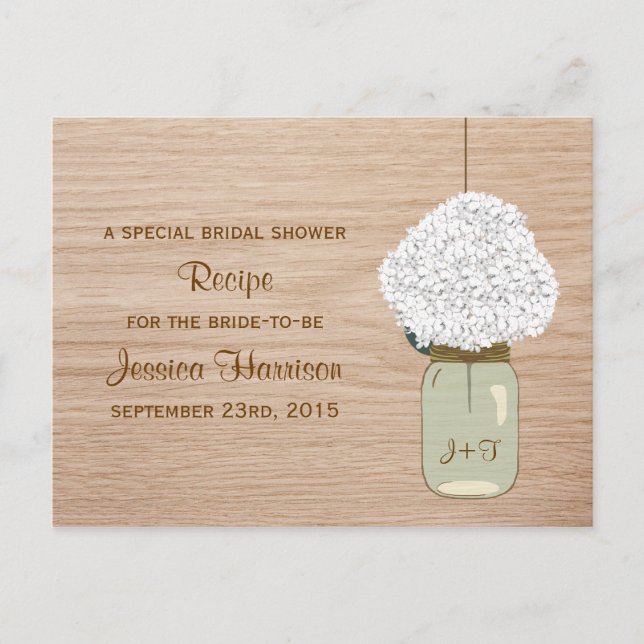 Postal De Invitación Hidrangea Blanca y Country Mason Jar Bridal Shower (Anverso)