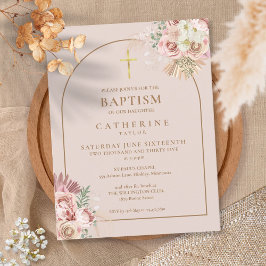 Postal De Invitación Hierba de las Pampas Rosa Dorado Arco Bautizo 