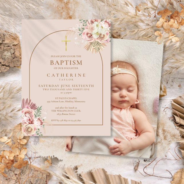 Postal De Invitación Hierba de Pampas Arco Dorado Foto Bautizo  (Pampas Grass Gold Arch Photo Baptism Christening Invitation Postcard)