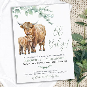 Postal De Invitación Highland Cow Boho Greenery Sage Baby Shower
