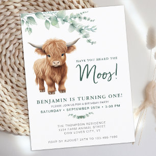 Postal De Invitación Highland Cow BohoGreenery Farm Animal 1º cumpleaño