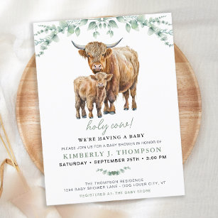 Postal De Invitación Highland Cow Sage Boho Greenery Baby Shower