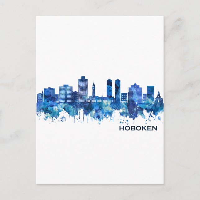 Postal De Invitación Hoboken New Jersey Skyline Blue (Anverso)