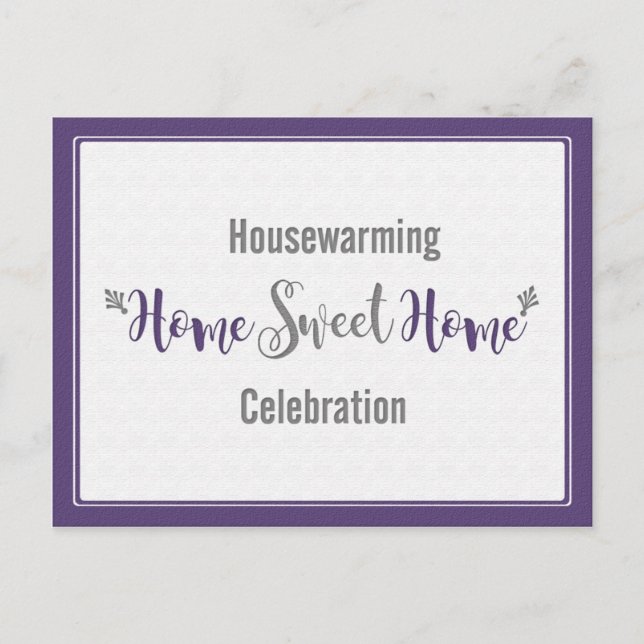 Postal De Invitación Hogar morado gris dulce hogar Fiesta de calentamie (Anverso)