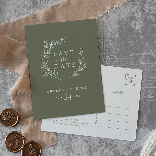 Postal De Invitación Hoja mínima | Verde oscuro Guardar la fecha (Subido por el creador)