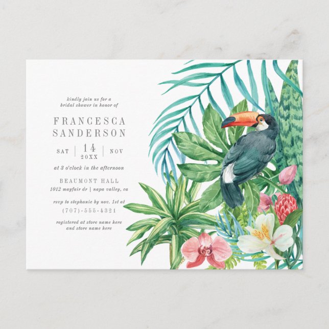 Postal De Invitación Hojas acuáticas tropicales y duchas nupciales táct (Anverso)