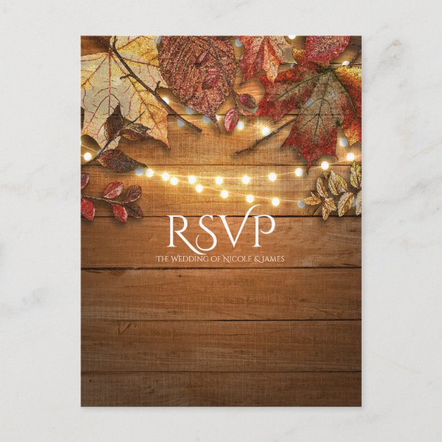 Postal De Invitación Hojas de otoño y luces de cadena en RSVP de Madera (Anverso)