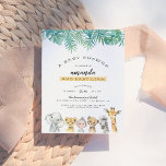 Postal De Invitación Hojas de palma y animales de la jungla Baby Shower<br><div class="desc">Invite a sus amigos y familiares a este día especial con este diseño tropical. Esta invitación incluye palmeras acuáticas y hojas de monstera en la parte superior de la carta y un elefante dibujado a mano, león, mono, chita, cebra y jirafa en el fondo. Los detalles de la ducha de...</div>
