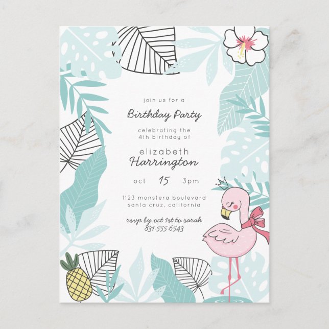 Postal De Invitación Hojas tropicales azules | Fiesta de cumpleaños de  (Anverso)