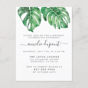 Postal De Invitación Hojas Tropicales de Monstera Cumpleaños con Letra 