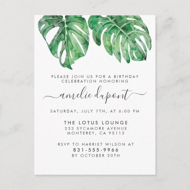 Postal De Invitación Hojas Tropicales de Monstera Cumpleaños con Letra  (Anverso)