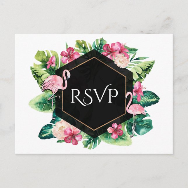 Postal De Invitación Hojas tropicales Hibiscus Flamingos Wedding RSVP (Anverso)