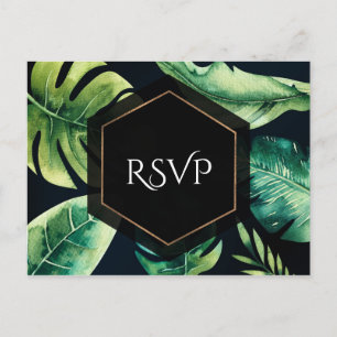 Postal De Invitación Hojas Tropicales Verdes RSVP de Boda Elegante Negr