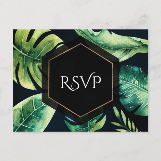 Postal De Invitación Hojas Tropicales Verdes RSVP de Boda Negro Elegant (Anverso)