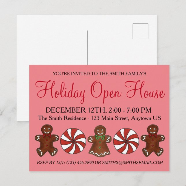 Postal De Invitación Holiday Open House Gingerbread Cookie Peppermint (Anverso / Reverso)