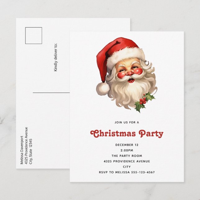 Postal De Invitación Holly Jolly Santa Claus Navidades de estilo retro (Anverso / Reverso)