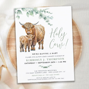 Postal De Invitación Holy Cow Boho Greenery Highland Cow Baby Shower