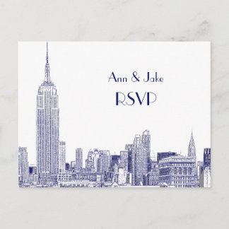 Postal De Invitación Horizonte de NYC 01 Grabado Blanco RSVP 1Azul