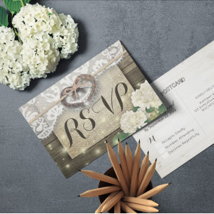 Postal De Invitación Horseshoe Hydrangea Wood Wedding RSVP Responder am
