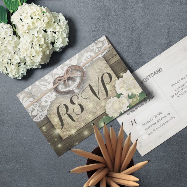 Postal De Invitación Horseshoe Hydrangea Wood Wedding RSVP Responder am (Subido por el creador)