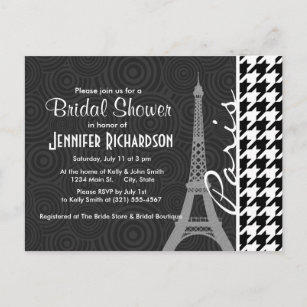 Postal De Invitación Houndstooth negro y blanco; París