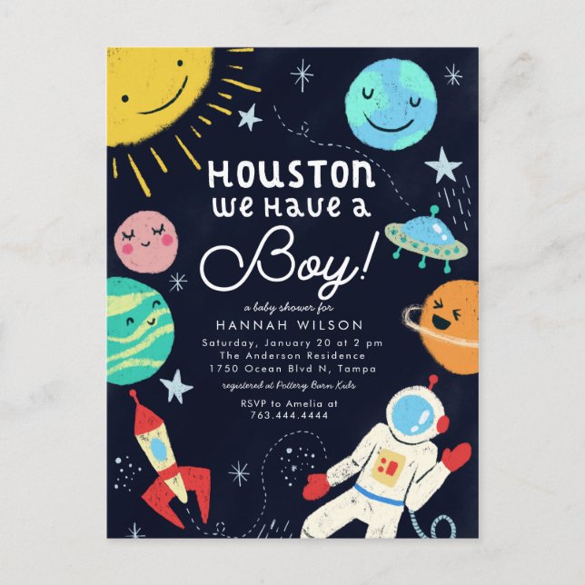 Postal De Invitación Houston Tenemos Un Baby Shower De Boy Space (Anverso)