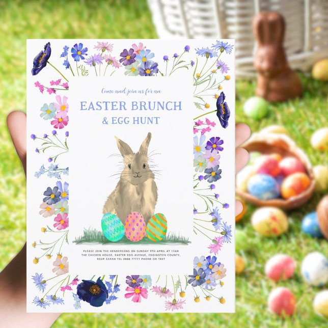 Postal De Invitación Huevo de Pascua Brunch Hermoso Abundante Floral (Easter bunny egg hunt and bruch boho wildflower spring holiday party postcard )