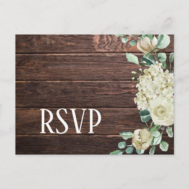 Postal De Invitación Hydrangea de rosa blanca floral boda de madera osc (Anverso)
