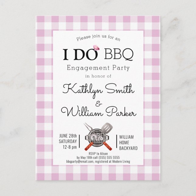 Postal De Invitación I DO Engagement Cute Script Pink Plaid BBQ (Anverso)