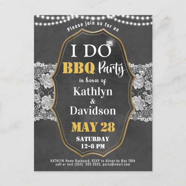 Postal De Invitación I DO Engagement Elegant Lace Chalkboard BBQ Fiesta (Anverso)