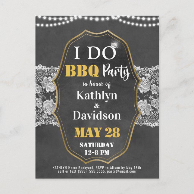 Postal De Invitación I DO Engagement Elegant Lace Chalkboard BBQ Fiesta (Anverso)