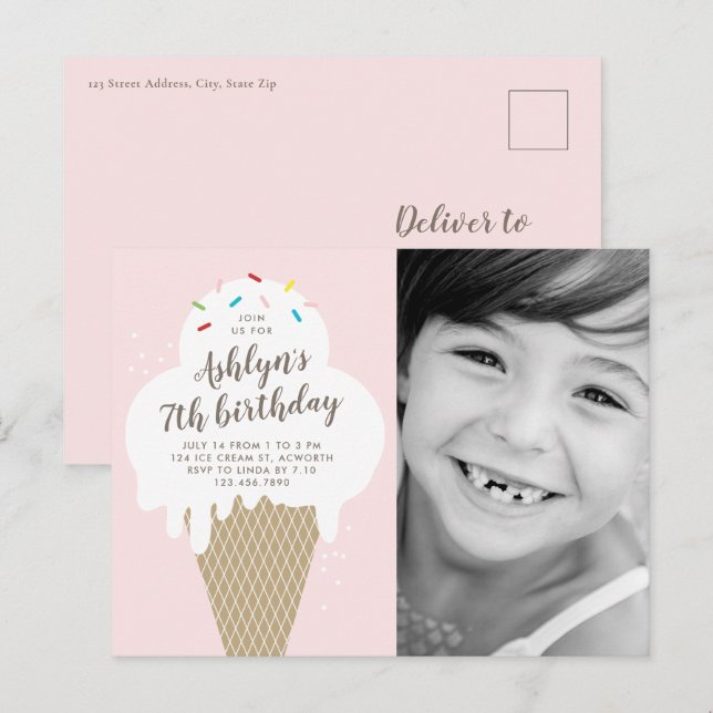 Postal De Invitación Ice Cream Cone Photo Kids Fiesta de cumpleaños (Anverso / Reverso)