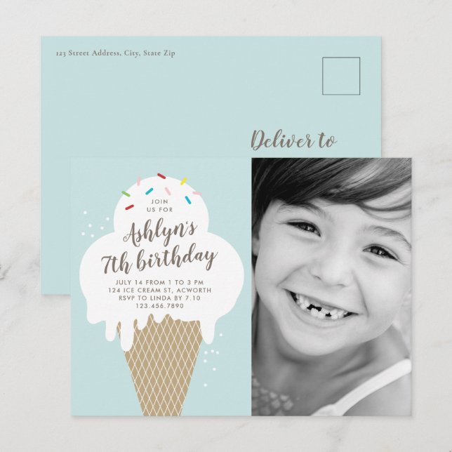 Postal De Invitación Ice Cream Cone Photo Kids Fiesta de cumpleaños (Anverso / Reverso)