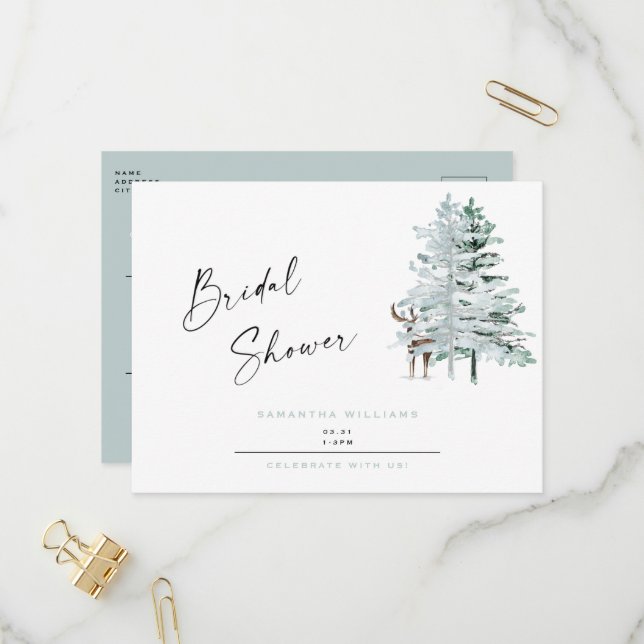 Postal De Invitación Icy blue Woodland Deer Winter Bridal Shower (Anverso/Reverso In Situ)