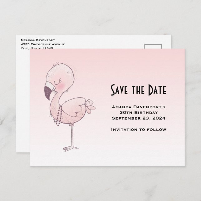 Postal De Invitación Ilustracion de flamenco rosado lindo Guardar la fe (Anverso / Reverso)