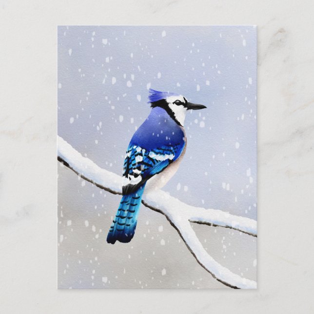 Postal De Invitación Invierno acuarela Nieve Pájaro Azul Jay (Anverso)