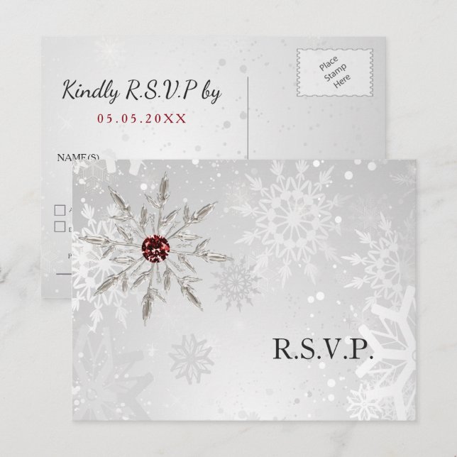 Postal De Invitación invierno de invierno de copos de nieve rojo plata  (Anverso / Reverso)