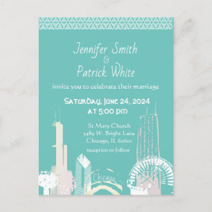 Postal De Invitación Invitati de Chicago Skyline green y boda pastel