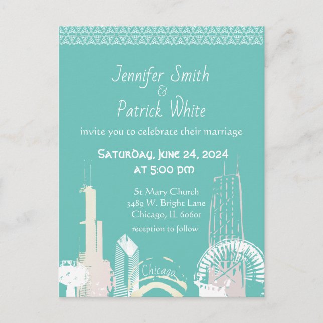 Postal De Invitación Invitati de Chicago Skyline green y boda pastel (Anverso)