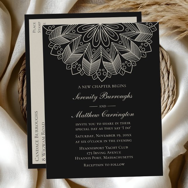 Postal De Invitación Invitati de la elegante Boda negra india Mandala B (Subido por el creador)