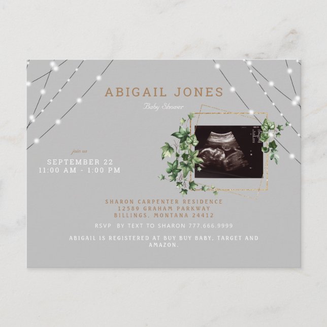 Postal De Invitación Ivy & Lights Ultrasonido Foto Gray Baby Shower Inv (Anverso)