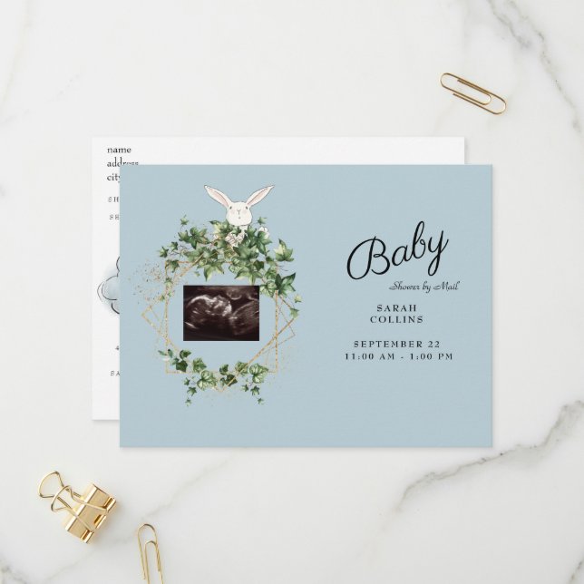 Postal De Invitación Ivy Ultrasound Photo Boy Baby Shower Bunny virtual (Anverso/Reverso In Situ)