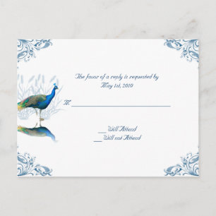 Postal De Invitación Jardín de Pavos Reales en Azul y Blanco