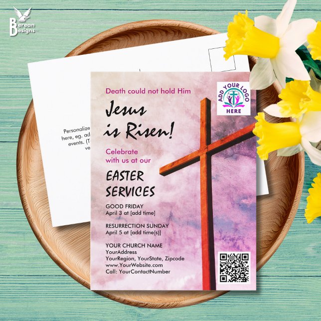 Postal De Invitación JESUS ESTÁ RESUCITADO Logo Código QR Servicios de  (EASTER Postcard Invitation for your church services. Customizable text with logo and QR code)
