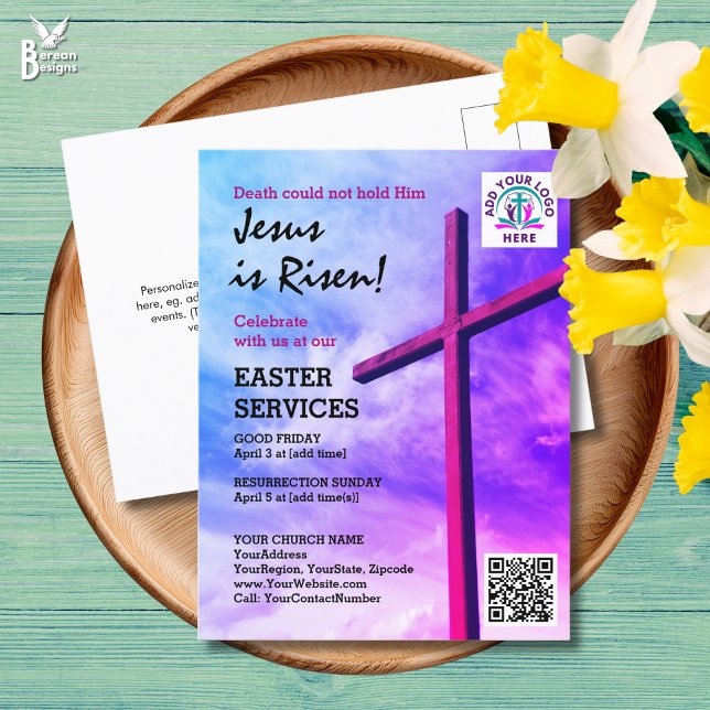 Postal De Invitación JESUS IS RISEN Logo QR Code Church Services EASTER (EASTER Postcard Invitation for your church services. Customizable text with logo and QR code)
