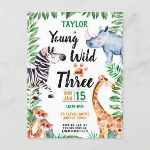Postal De Invitación Jóvenes salvajes y tres animales de safari cumplen