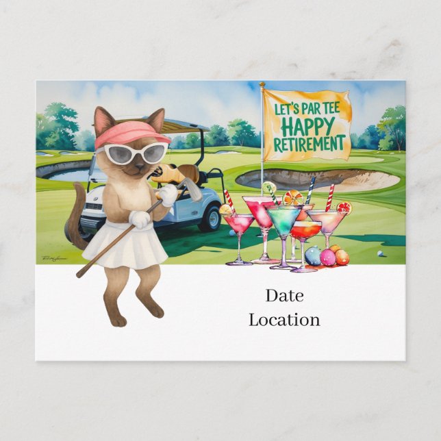 Postal De Invitación Jubilación de golf para los amantes del gato siamé (Anverso)