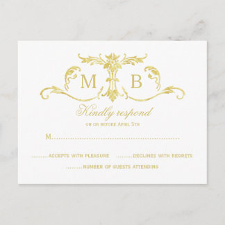 Postal De Invitación Juego de bodas RSVP de oro Relieve metalizado de o