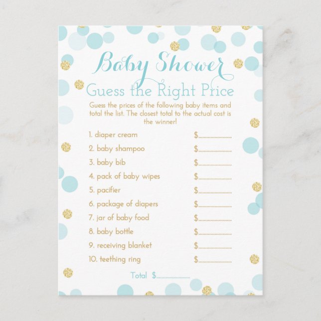 Postal De Invitación Juego de precios Blue and Gold Baby Shower Right (Anverso)