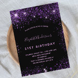 Postal De Invitación Jueves purpurina púrpura negro polvo glamoroso<br><div class="desc">Invitación a la fiesta de cumpleaños 21 (o a cualquier edad) de niñas y mujeres. Delante: Un fondo negro de moda. Decorada con polvo purpurina de imitación morado oscuro. Personalice y agregue un nombre y detalles del fiesta. El nombre está escrito con un guión de estilo con letras a mano,...</div>